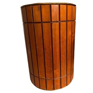 Mid Century Ransburg Wood slat 1960s MCM Walnut Trash Waste Can Vintage